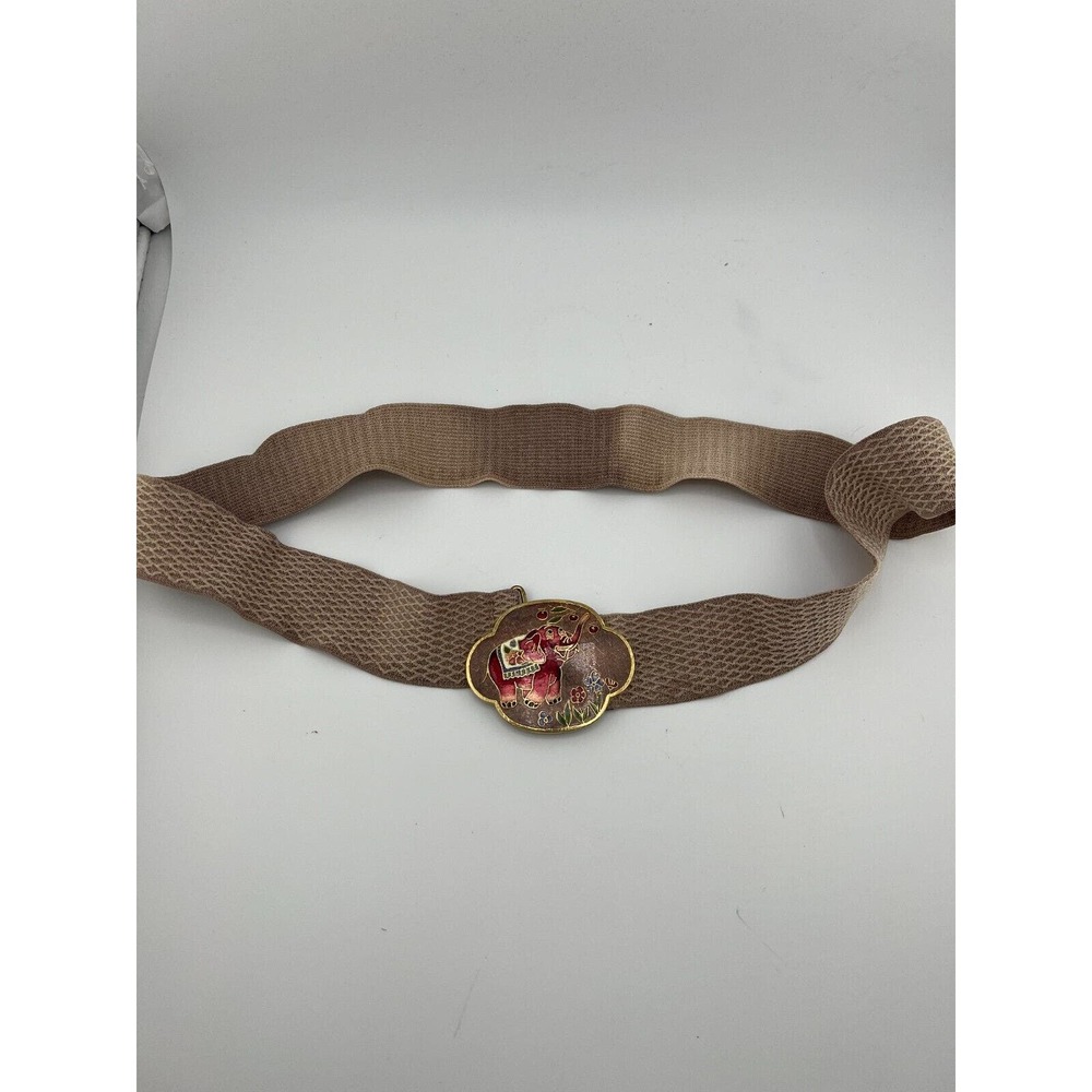 Vintage Women's Elephant Gold Trim Enamel Hook Closure Elastic Stretch Belt
